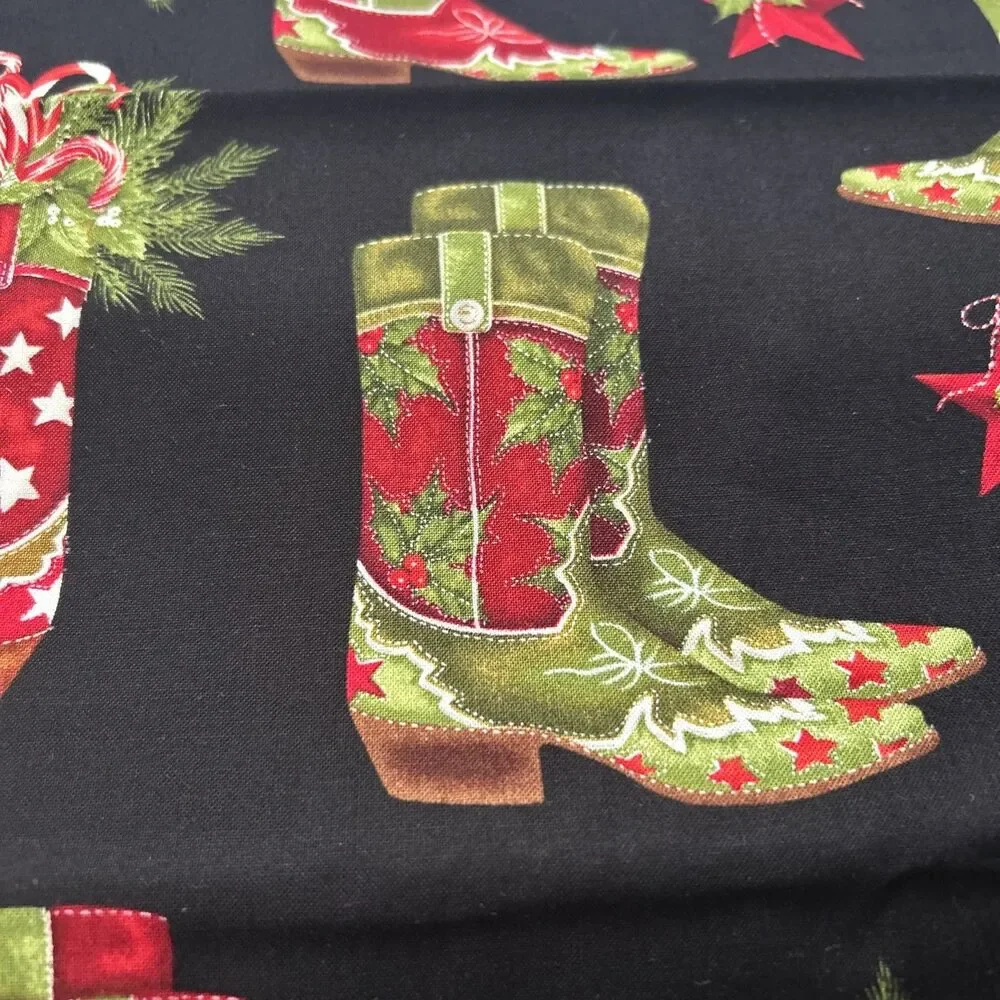 Kaufman Holly Jolly Christmas Cowboy Boot Print Cotton Quilting Fabric 2 Yd